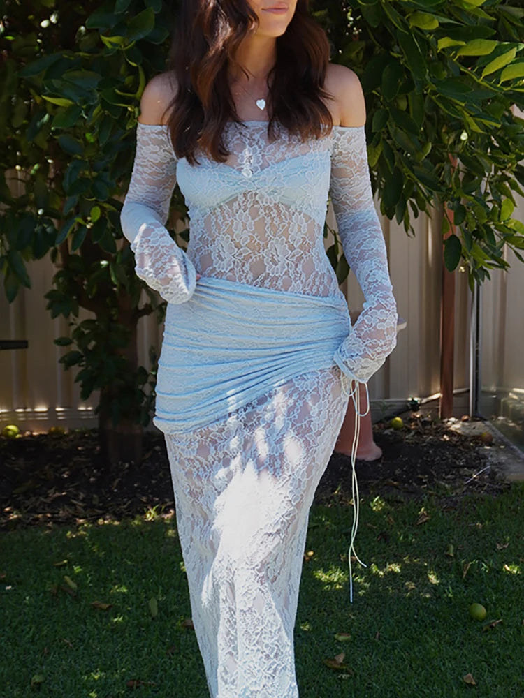 Lunivop Sexy Off Shoulder See Through Lace Women Dress Blue Long Sleeve Maxi Dress Female Spring New Elegant Party Clubwear