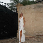 Lunivop White Halter Backless Banquet Party Dresses Long Slit Ruffles Chiffon Bridal Dress Floor Length Summer Vocation Maxi Dress Women