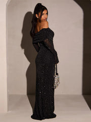 Lunivop Sexy Off Shoulder Sequins Sparkling Women Maxi Dress Black Long Sleeve Evening Dress Winter Slim Elegant Party Clubwear