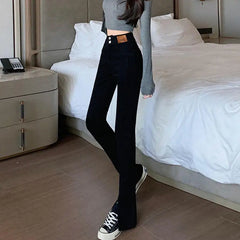 Lunivop High Waist Straight Leg Black Denim Jeans Women's Spring Fashion Slit Elastic Micro Flare Trousers Korean Design Sensation