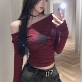 Lunivop Gothic Print Grunge T Shirt Women Long Sleeve Off Shoulder Y2k Vintage Tops Streetwear Korean Style Crop Top Autumn Winter