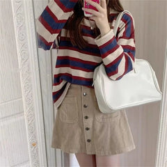 Lunivop American Retro Blue Red Striped Sweaters Mujuer Autumn New O-neck Knitted Pullover Y2k E-Girl Long Sleeve Tops Women