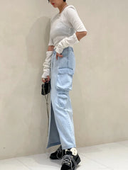 Lunivop Korean Fashion Denim Skirts Solid Color Pockets Patchwork Forked High Waist Long Skirt Spring Aummer All Match Women's Clothing