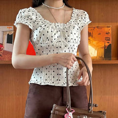 Lunivop Summer Women's Fashion Ins Korean Style Gentle Polka Dot Ruffle U-Neck Pleated Slimming Puff Sleeve Shirt For Women