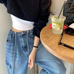 Lunivop High Street Lace-up Pleated Distressed Casual Jeans Women Summer New Korean Multi-pocket Loose Washed Denim Cargo Pants