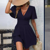 Lunivop New Summer Deep V-neck Lotus Leaf Sleeve Solid Color Embellishment Dress