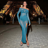 Lunivop Sexy Slash Neck Off Shoulder Mesh See Through Maxi Dress Women Long Sleeve High Slit Pullover 2024 Summer Beach Clothes