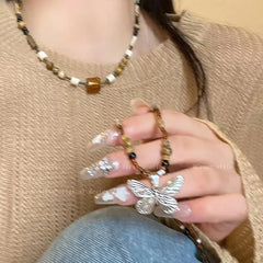 Lunivop Butterfly Pendant Necklace Handmade Bohemian Seed Bead Natural Stone Necklace