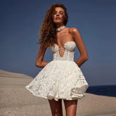 Lunivop Luxury Strapless Mini Lace Printing Wedding Party Dress Above Knee Lace & Tulle Pearls Prom Dress For Bridal Ever Pretty