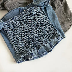 Lunivop Denim Corset Top Summer Button Up Puff Sleeve Smocked Back Slim Fit Crop Tops Teen-girl Women Outfit