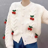 Lunivop Women Cherry Sweater Cardigan Cute Cherries Pom Pom Cable Knit Button-Up Knit Coat Fall Winter Korean Kawaii Sweet Outfit