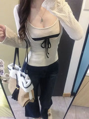 Lunivop Korean Style Sexy T-Shirts Women Sweet Coquette Two Piece Sets Long Sleeve Tops Fashion Aesthetics Patchwork T-Shirts