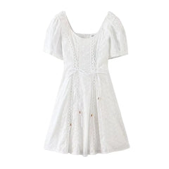 Lunivop Sweet White Embroidery Hole Stitching Lace Cross Lacing up Short Puff Sleeve Dress Woman French Mini Dresses Holiday Robe