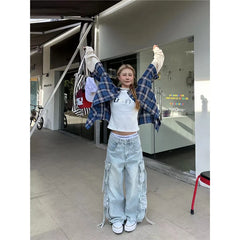 Lunivop Autumn Women's Casual Blue Harajuku Jeans Vintage Washed Aesthetic Loose Pants Y2K Wide Leg Punk Baggy Denim Trouser