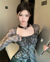 Lunivop Square Neck Contrast Color Plaid Casual Long-sleeved T-shirt Women Autumn New Korean Lace Up Pleated Sexy Slim Crop Tops