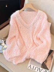 Lunivop Pink Sweet Knitted Sweaters Women Fashion Lazy Wind Diamond Elegant Jumper Korean Chic Long Sleeve Loose Fall Winter Pullovers