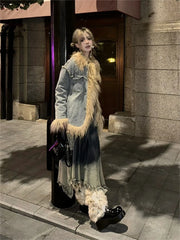 Lunivop Y2k Aesthetics Blue Denim Pocket Jacket Vintage Grunge Fur Patchwork Jacket Harajuku Winter Single Breasted Streetwear Coats