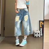 Lunivop Europe America Low-Waisted Y2K Jeans Female Vintage Ripped Loose Denim Mid-Length Pants High Street Trend Wide-Leg Jean Pants