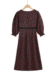 Lunivop Retro French Style Spliced Lace Deep V neck Black Red Flower Print Women Midi Dress Puff Sleeve Tea Dresses Holiday Robe