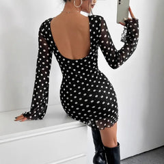 Lunivop European American New Elegant Women's Mesh Polka Dot Print Round Neck Backless Long-sleeved Dress