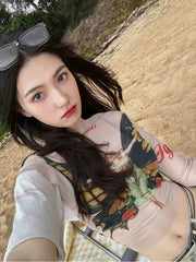 Lunivop American Sweet Butterfly Printed T-shirt for Women Early Spring New Bottoming Tops Mujer Sexy Crop Top Slim Fit Tee Shirt