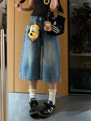 Lunivop American Washed Denim Shorts for Women Summer Vintage Straight Wide Leg Jeans Pants 2025 New Loose Calf- Length Pants