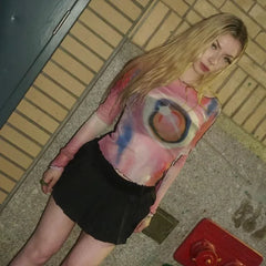 Lunivop Autumn new round neck pullover long sleeve mesh printing off the navel European and American women's top T-shirt