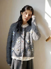Lunivop Elegant Floral Gray Cardigan Women Lazy Wind Long Sleeve Sweet Knitted Sweaters Vintage Japan Casual O Neck Female Retro Tops