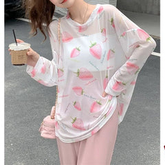 Lunivop Summer New Women's Sunscreen Clothing Crew Neck Strawberry Print Stylish Loose All-match Long Sleeve Casual T-shirt Tops