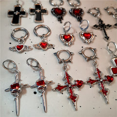 Lunivop Gothic Red Crystal Heart Irregular Cross Thorn Hoop Earrings For Women Men Unusual Punk Charm Jewelry Y2K Scene EMO Accessories