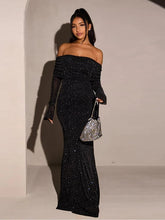 Lunivop Sexy Off Shoulder Sequins Sparkling Women Maxi Dress Black Long Sleeve Evening Dress Winter Slim Elegant Party Clubwear