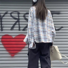 Lunivop Korean Retro Contrast Color Plaid Loose Long-sleeved Shirt Women 2024 Autumn New Polo Collar Multi-button Casual All-match Tops