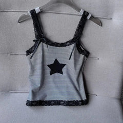 Lunivop Sexy New Pure Desire Flower Sling Vest Spice Girls Stripe Lace American Tanks Slim Short Sleeveless Print Star Y2K Tees