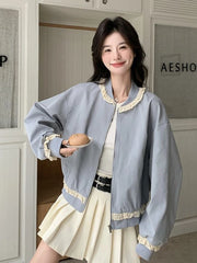 Lunivop Lace Patchwork Sweet Jacket Women Loose Vintage Preppy Style Cute Coat Female Long Sleeve Korean Retro O Neck Tops Outwear