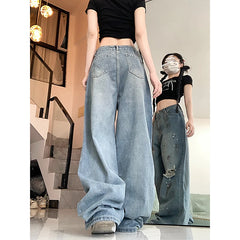 Lunivop Blue Women Jeans High Waist Fashion American Vintage Streetwear Y2K Ripped Wide Leg Jean Female Denim Trouser Baggy Denim Pants