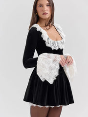 Lunivop Patchwork Sexy Square Collar Lace Women Dress Black Flare Sleeve French Dress Female Winter Slim Elegant Party Clubwear