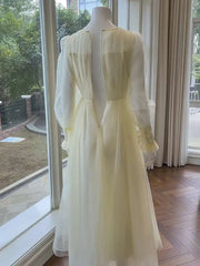 Lunivop Solid Mesh Flower Spliced Dresses For Women Round Neck Long Sleeve Thin Female Elegant Dress 2025 Autumn New