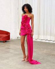 Lunivop Rose Red Satin Mini Prom Party Dress Handmade Flowers Ruffles Short Cocktail Gowns Pretty Side Train Homecoming Dresses