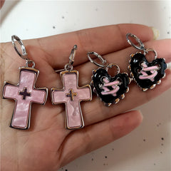 Lunivop Goth Harajuku Vintage Aesthetic Pink Cross Crystal Star Heart Pendant Earring For Girl Y2K Grunge 2000s EMO Jewelry Accessories