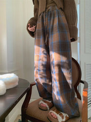 Lunivop Faux Woolen Warm Plaid Pants Women Vintage Harajuku High Waist Wide Leg Trousers Streetwear Retro Loose Casual Fall Winter Pant