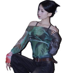 Lunivop Women's Europe and the United States in the fall new mesh printing a word strapless head long-sleeved casual women's tops