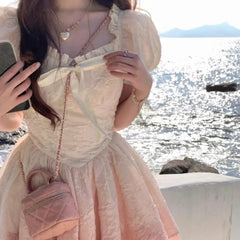 Lunivop New Sweet Fresh Lolita Summer Patchwork Square Collar Bow Gradient Pink Folds Fashion Casual Elegant Puff Sleeve Dresses the dress black dress white dress