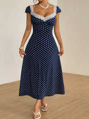 Lunivop Navy Blue Polka Dot Lace Trim V-Neck Puff Sleeve A-Line Midi Dress