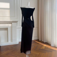 Lunivop Fashion Mesh Hollow Out Dress Women's Slash Neck Long Sleeve Waist Retraction Dresses 2025 Summer New Tide