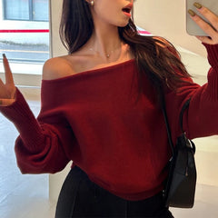 Lunivop Off Shoulder Knit Top for Women Slash Neck Rib-knit Batwing Sleeve Sweater Pullovers Autumn Winter Korean Fashion Outfit