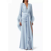 Lunivop Light Blue Evening Dress V-Neck Feather Long Sleeves Elegant Evening Gowns Cascading Chiffon Ruffle Party Dresses