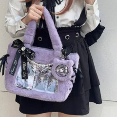 Lunivop Plush Bow Purple Handbag Purse Women Sweet Japanese Transparent Ita Bag Girls Kawaii Shoulder Crossbody Bag Aesthetic