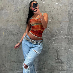 Lunivop Fashion Printed Mesh Sheer Crop Top Streetwear Graphic Tank Tops Sexy Y2k Summer Clothes Women Spicy Girl Outfits