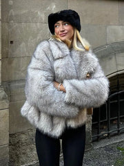 Lunivop Elegant Lapel Faux Fox Fur Short Coat Women Casual Loose Long Sleeve Jackets Female Winter Thickened Warm High Street Outwears