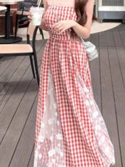 Lunivop French Plaid Spliced Lace Strapless Dress Women's 2025 Spring Summer New Retro Waist Hugging Design Niche Long Vestidos New